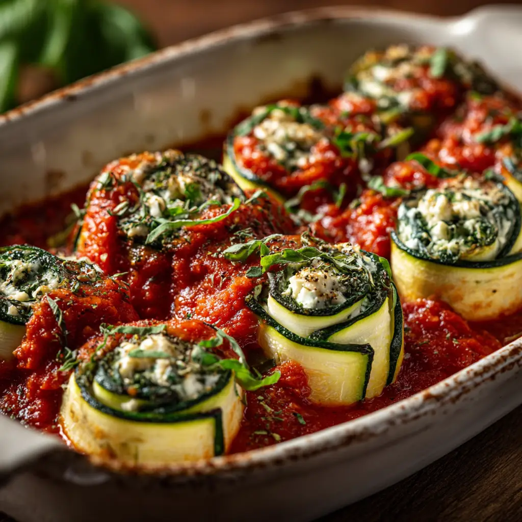 Assembling the vegan zucchini rollatini by spreading cashew ricotta on zucchini strips before rolling.