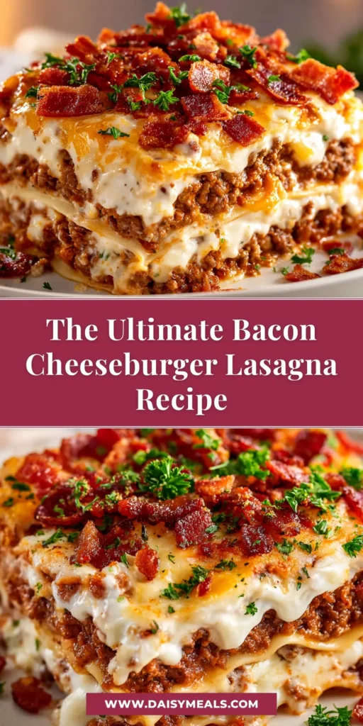 A delicious slice of Bacon Cheeseburger Lasagna on a white plate, showcasing layers of meat, cheese, and pasta, with a side of fresh parsley.