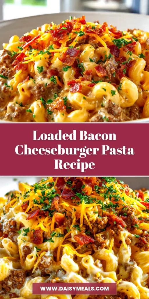 A close-up shot of a forkful of creamy Bacon Cheeseburger Pasta, with visible pieces of bacon, ground beef, and melted cheddar cheese. The perfect one-pan dinner recipe for busy weeknights.