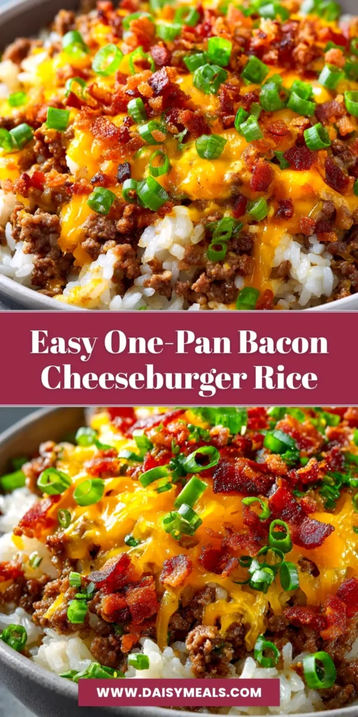 A skillet of delicious one-pot Bacon Cheeseburger Rice, topped with melted cheddar cheese, crispy bacon, and diced pickles. A perfect family-friendly weeknight dinner.