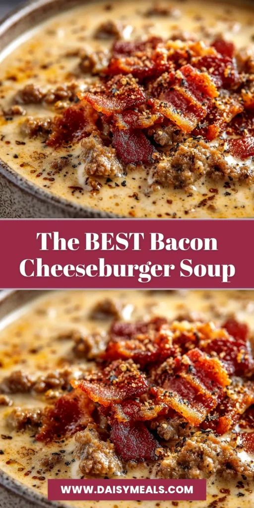 A delicious bowl of creamy Bacon Cheeseburger Soup topped with extra bacon, shredded cheddar cheese, and green onions. The perfect easy and comforting soup recipe.