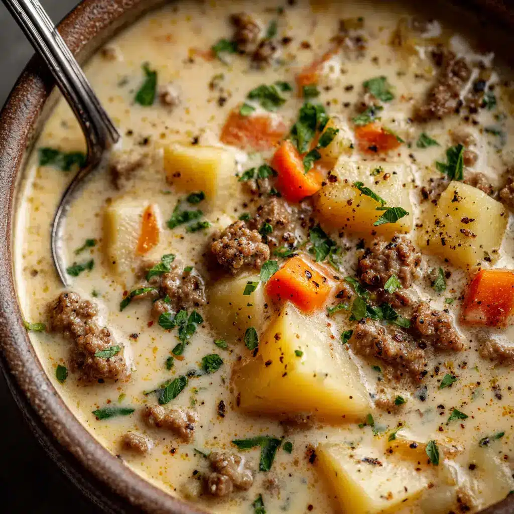Crockpot Cheeseburger Soup: The Ultimate Comfort Meal 1 A spoonful of bacon cheeseburger soup being lifted from a bowl, showcasing the chunks of potato, ground beef, and creamy cheese base.