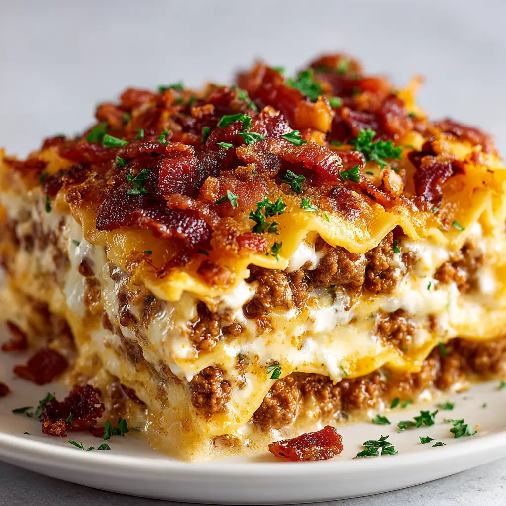 The finished Bacon Cheeseburger Lasagna fresh out of the oven, with a bubbly, golden-brown cheesy crust and crispy bacon on top.