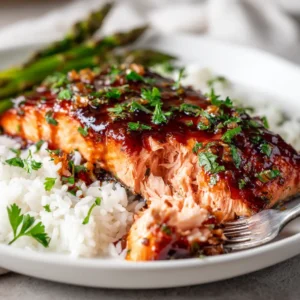 A fillet of baked salmon with brown sugar glaze being flaked with a fork to show its tender and moist texture.