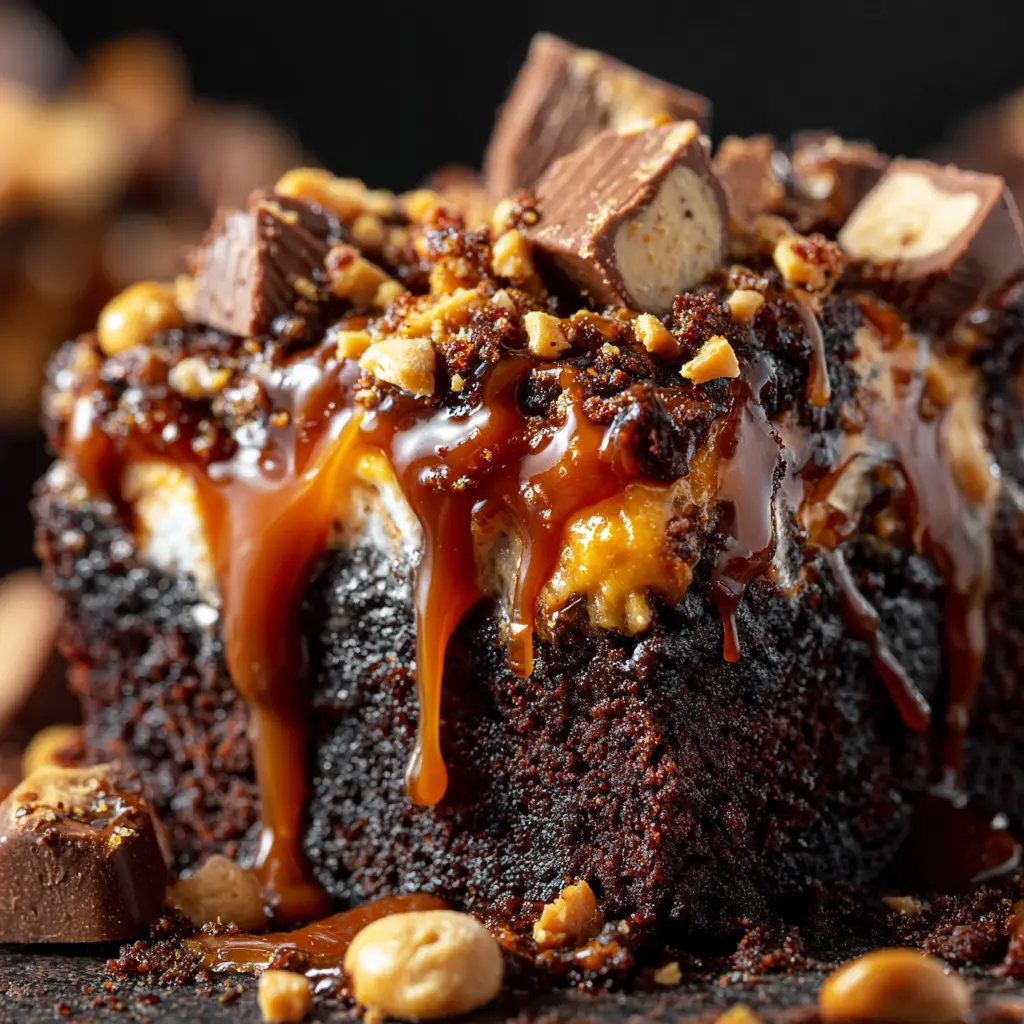 Chocolate Peanut Butter Dump Cake: The Easiest, Most Decadent Dessert 1 The full 9x13 inch baking dish of the Reese's dump cake, fresh out of the oven with a bubbly, golden-brown topping.