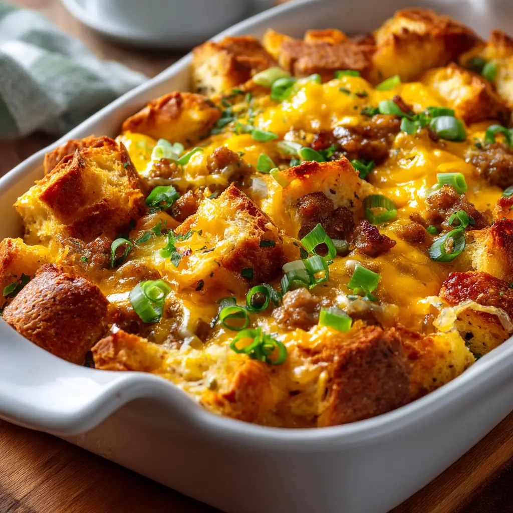 Christmas Breakfast Casserole (The Ultimate Make-Ahead Recipe) 1 The fully baked Christmas breakfast casserole, fresh out of the oven in its baking dish. The top is golden brown with bubbly cheese, ready for a holiday brunch.