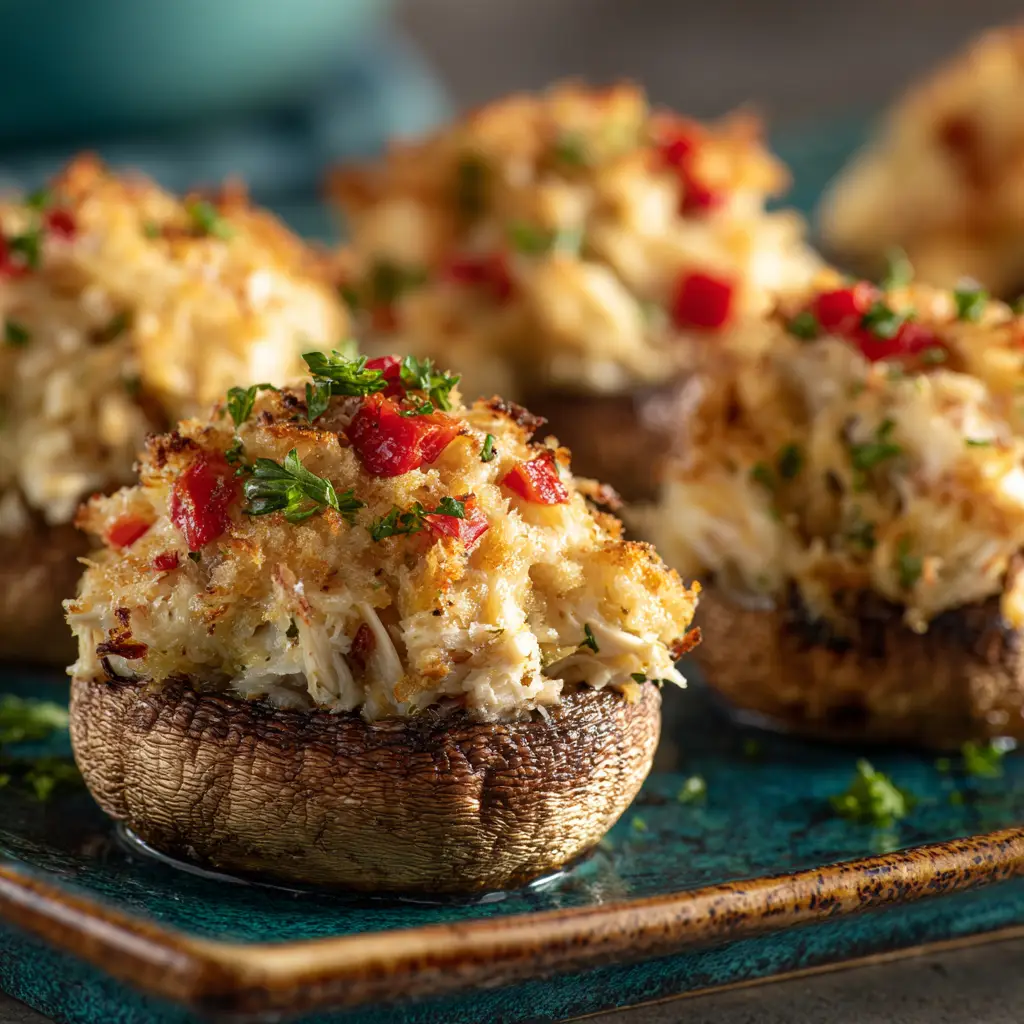 A plate of finished crab-stuffed mushrooms garnished with fresh parsley. This shows the final appetizer ready for a party.