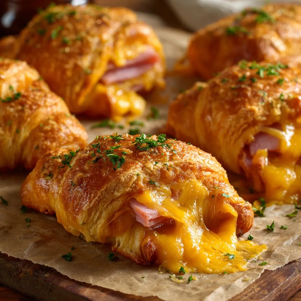 A batch of freshly baked ham and cheese crescent rolls on a baking sheet lined with parchment paper, highlighting their golden texture.