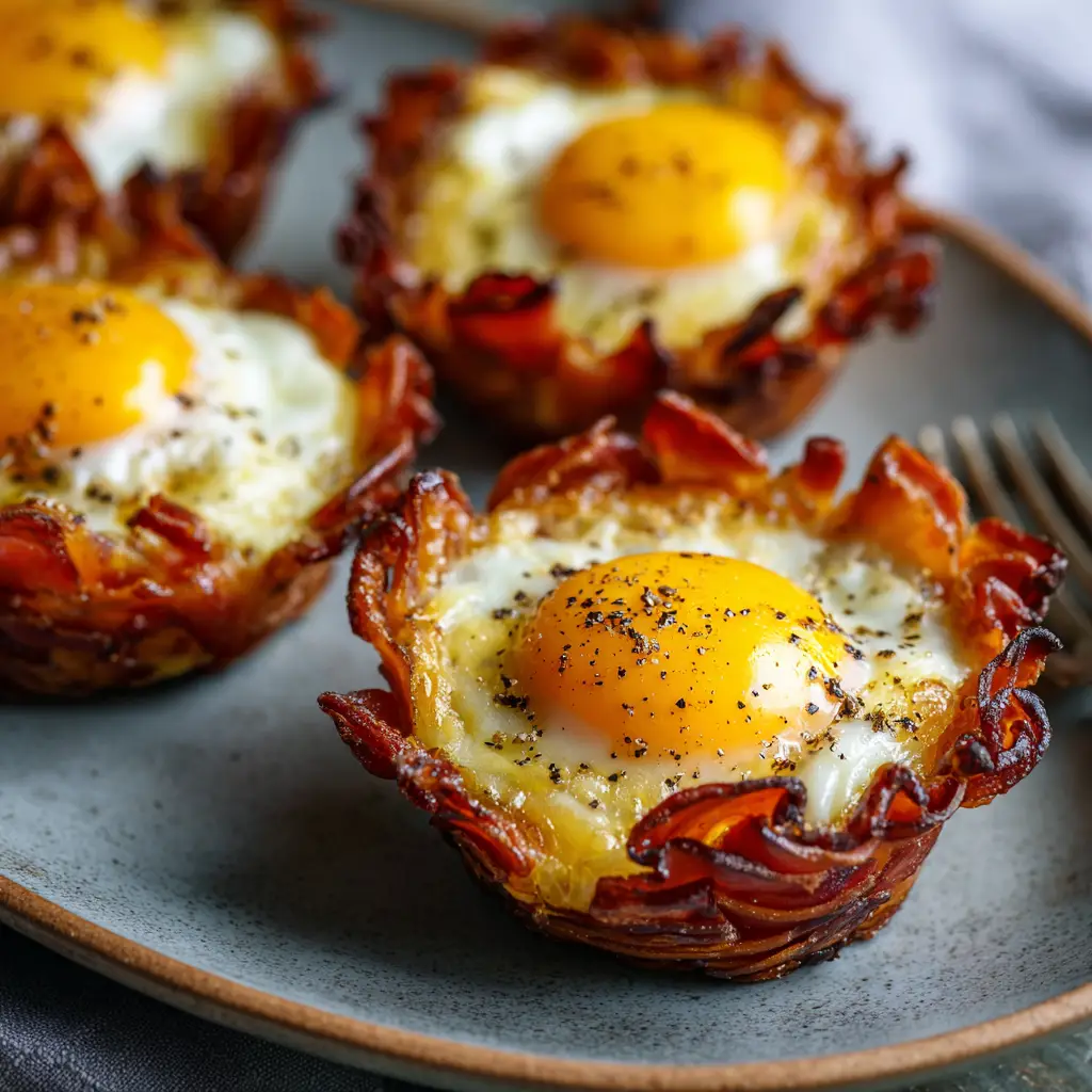 A close-up shot of individual baked ham and egg cups on a rustic plate. The eggs are perfectly cooked with melted cheese.