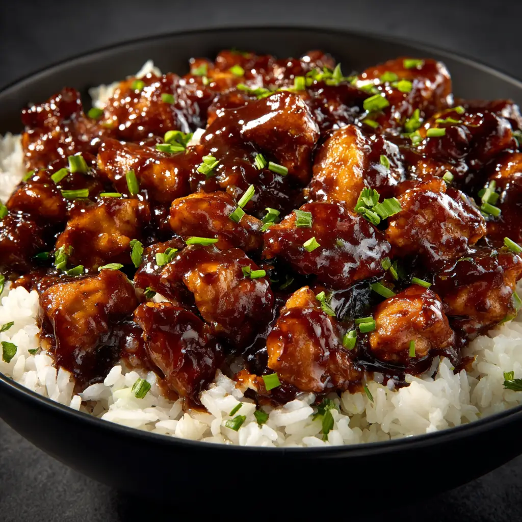 A close-up shot of baked honey BBQ chicken thighs, glistening with a thick, caramelized homemade sauce.