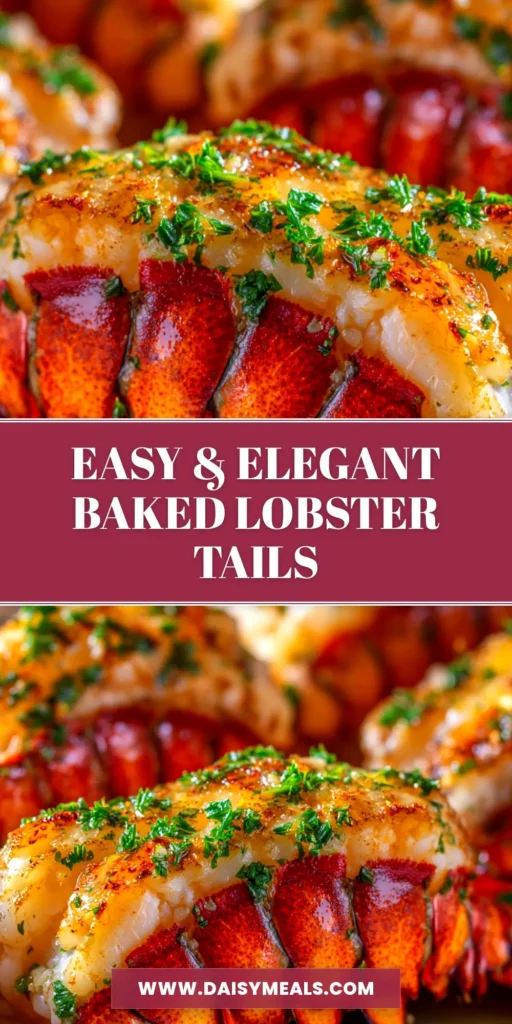 A close-up of several baked lobster tails drizzled with lemon garlic butter sauce and garnished with fresh parsley. The perfect baked lobster tails recipe for a special occasion.