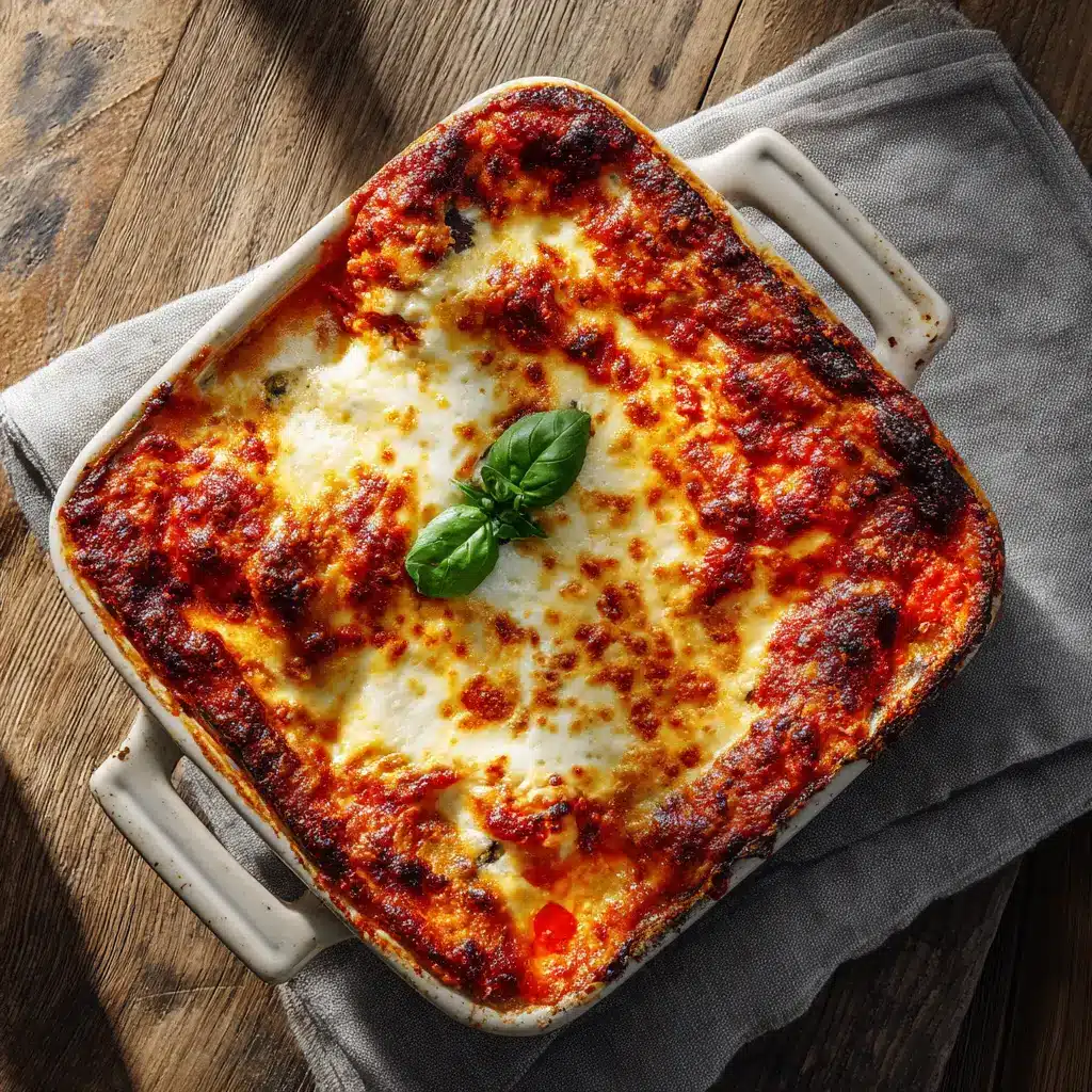 A 9x13 inch baking dish filled with freshly baked low-carb eggplant lasagna, topped with golden-brown melted mozzarella and fresh parsley.