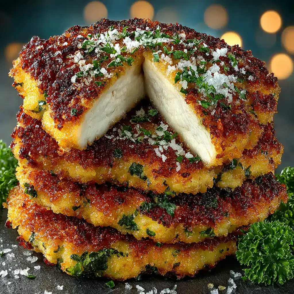 A stack of baked parmesan crusted chicken breasts on a platter ready to be served.