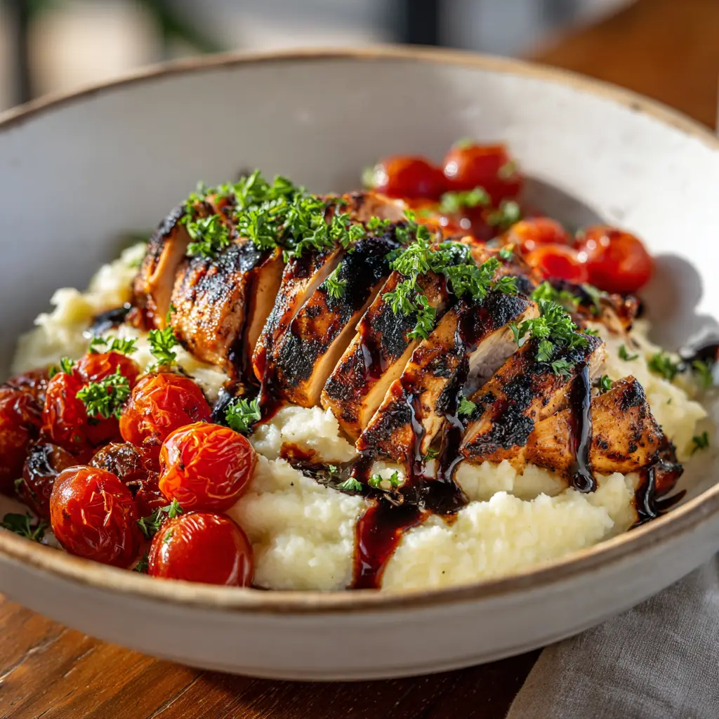 A plate of balsamic chicken marinade being poured over raw chicken breasts in a glass bowl. This image shows the key preparation step for the best grilled chicken.
