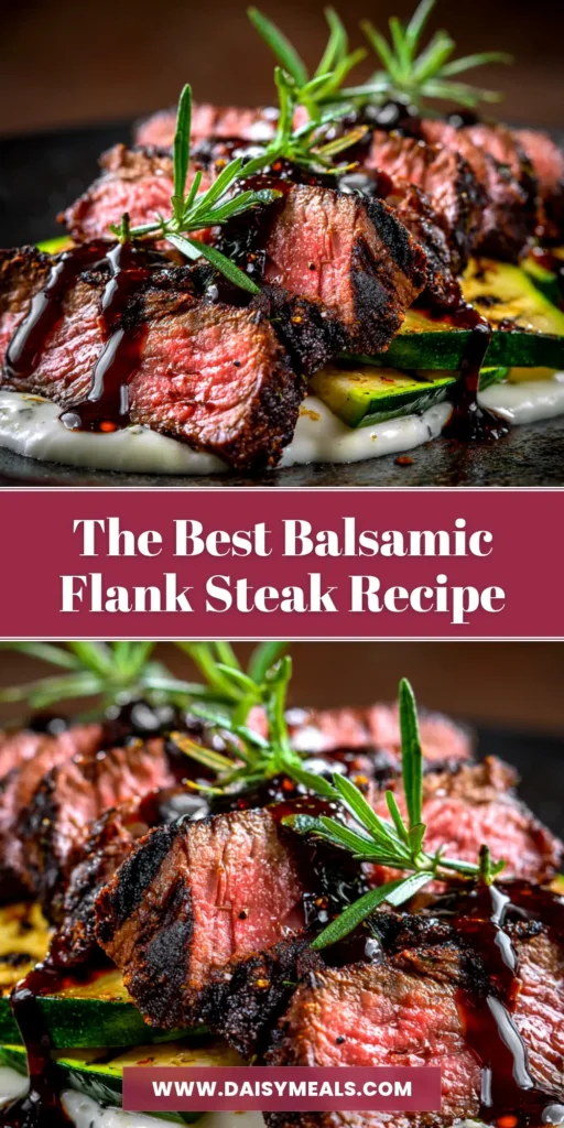 An overhead shot of a perfectly grilled and sliced balsamic flank steak on a wooden cutting board, ready to be served. The steak is juicy and has beautiful grill marks.