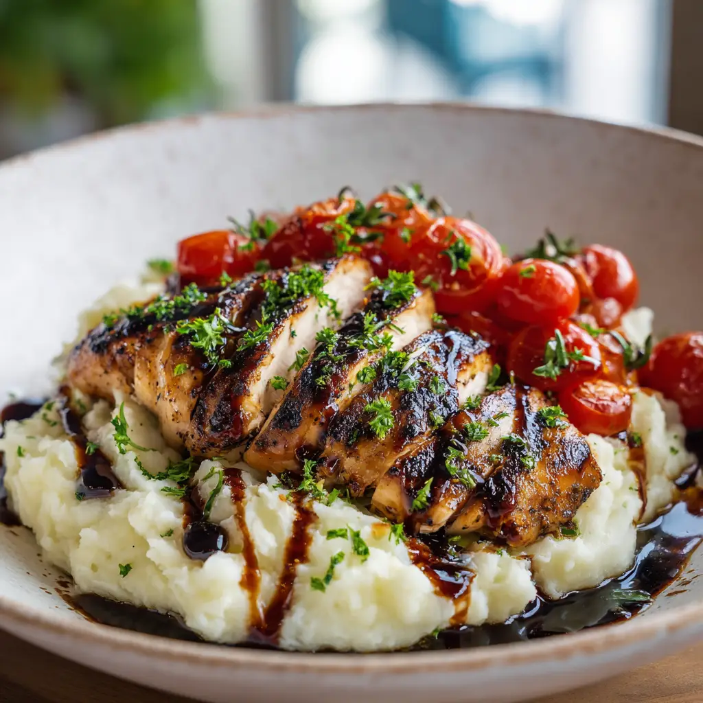 Juicy Balsamic Grilled Chicken resting on a plate next to a fresh salad with cherry tomatoes and greens. A complete and healthy meal idea.