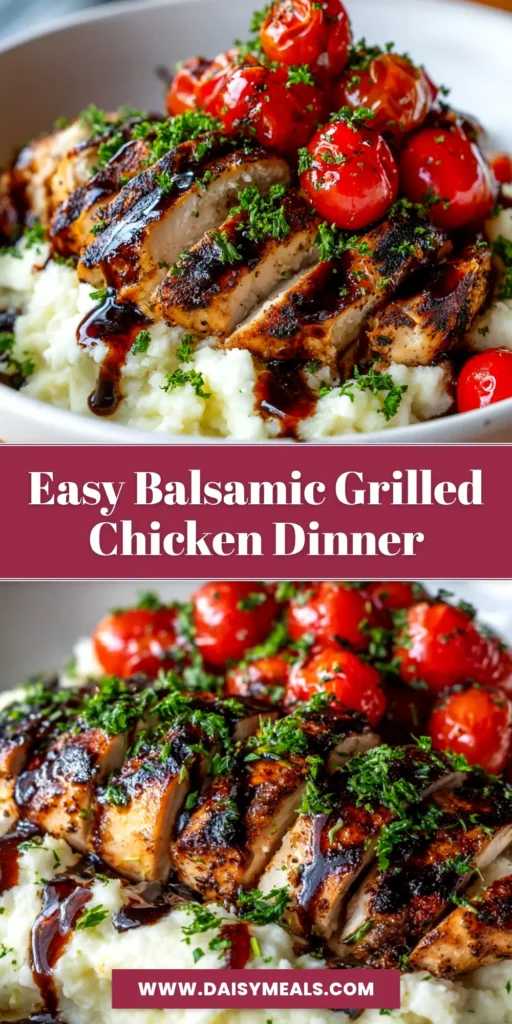 A close-up shot of sliced Balsamic Grilled Chicken on a wooden cutting board, showcasing its juicy interior and charred grill marks. The perfect easy and healthy dinner recipe.
