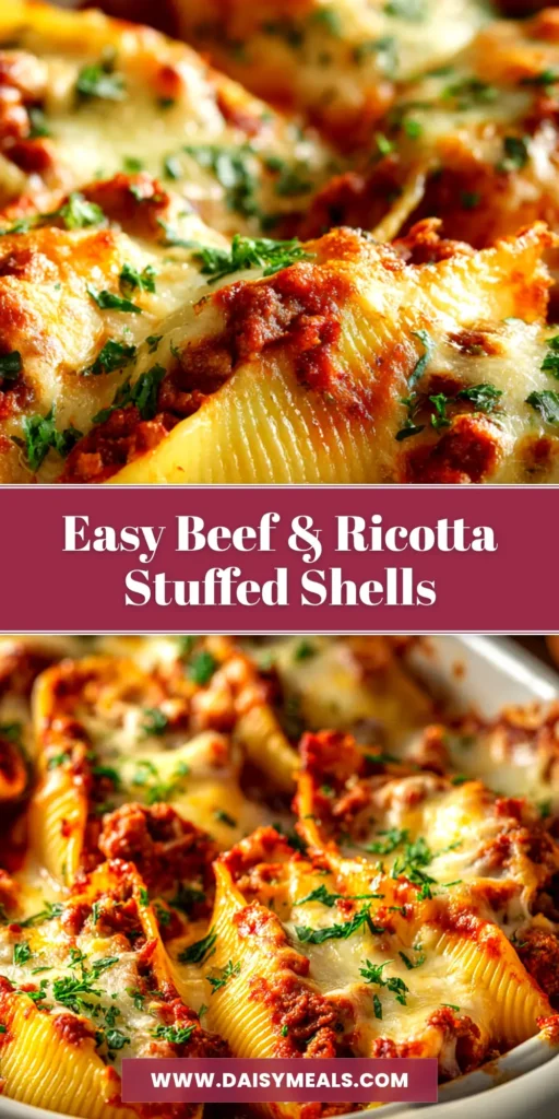 A close-up shot of baked beef and ricotta stuffed shells in a white baking dish, topped with melted mozzarella cheese and fresh parsley.