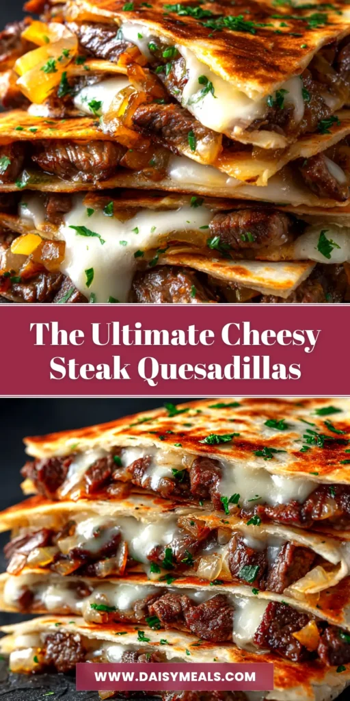 A delicious, cheesy Blackstone Steak Quesadilla cut into wedges and served on a platter. The quesadilla is golden brown and filled with juicy steak, peppers, and onions.
