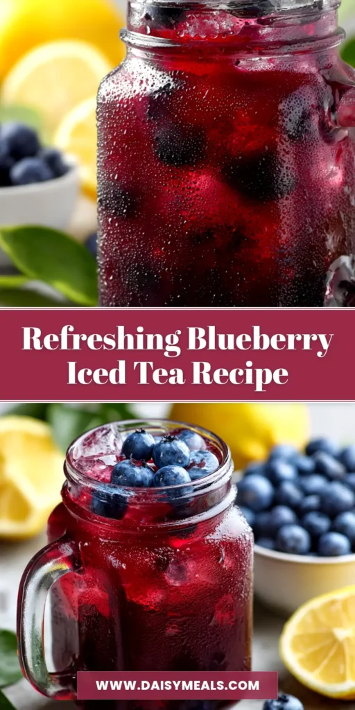 A tall glass of vibrant blueberry iced tea with a straw, garnished with fresh blueberries and a lemon slice. The perfect homemade blueberry tea recipe.