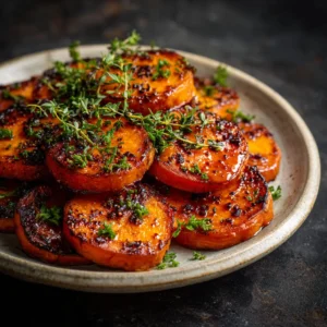 Thick round slices of melting sweet potatoes arranged in a baking dish, glistening with a buttery brown sugar glaze and garnished with fresh thyme.