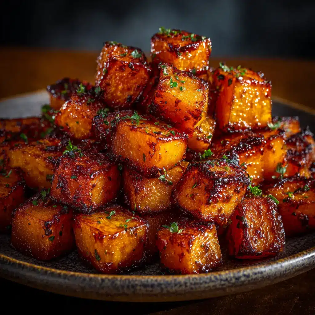 A baking sheet filled with perfectly caramelized butternut squash cubes, fresh from the oven and ready to be served.