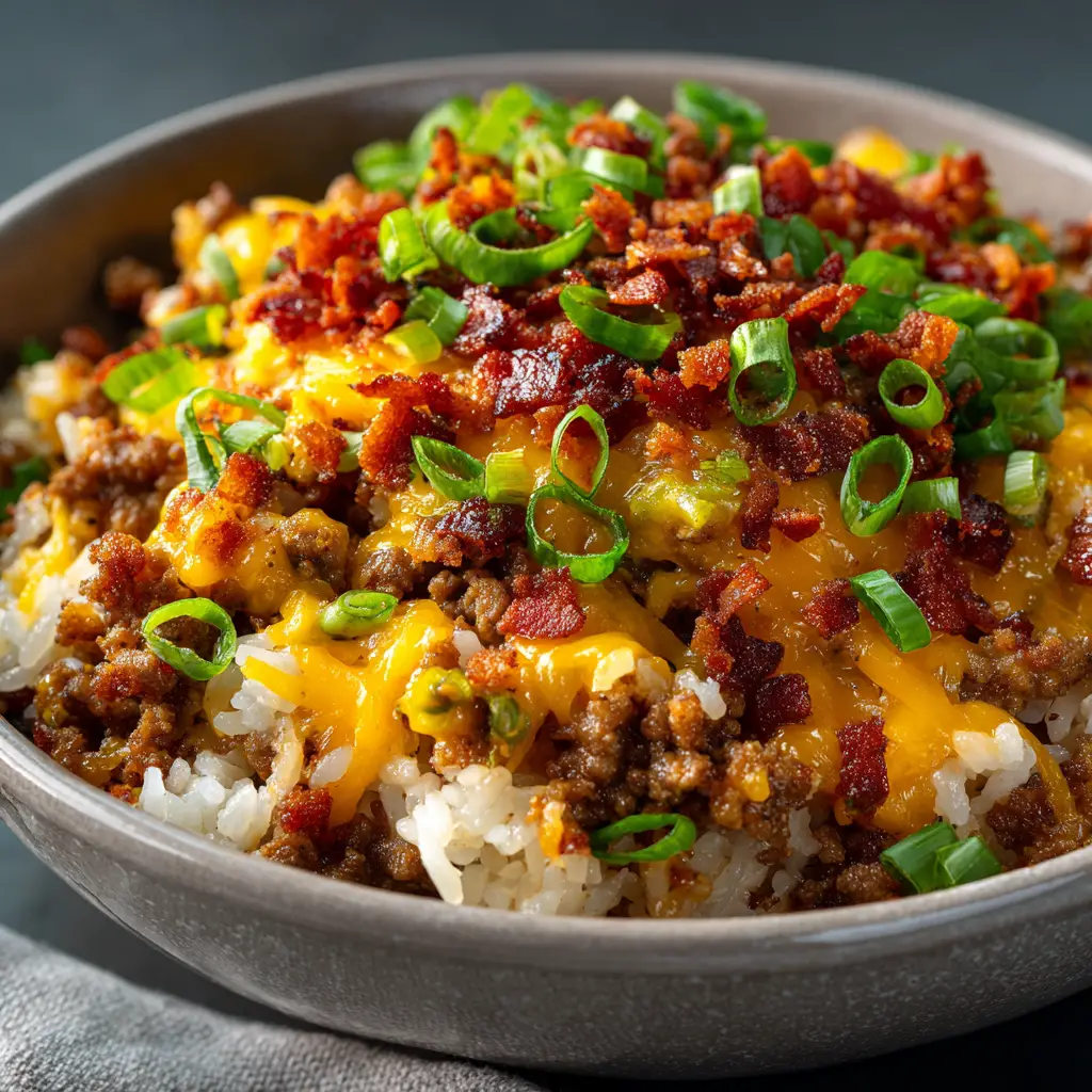 A close-up spoonful of cheesy ground beef rice, showing the texture of the tender rice, seasoned beef, and melted cheese.