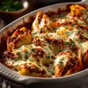 A serving of cheesy baked stuffed pasta shells on a plate, showing the savory beef and ricotta filling inside.