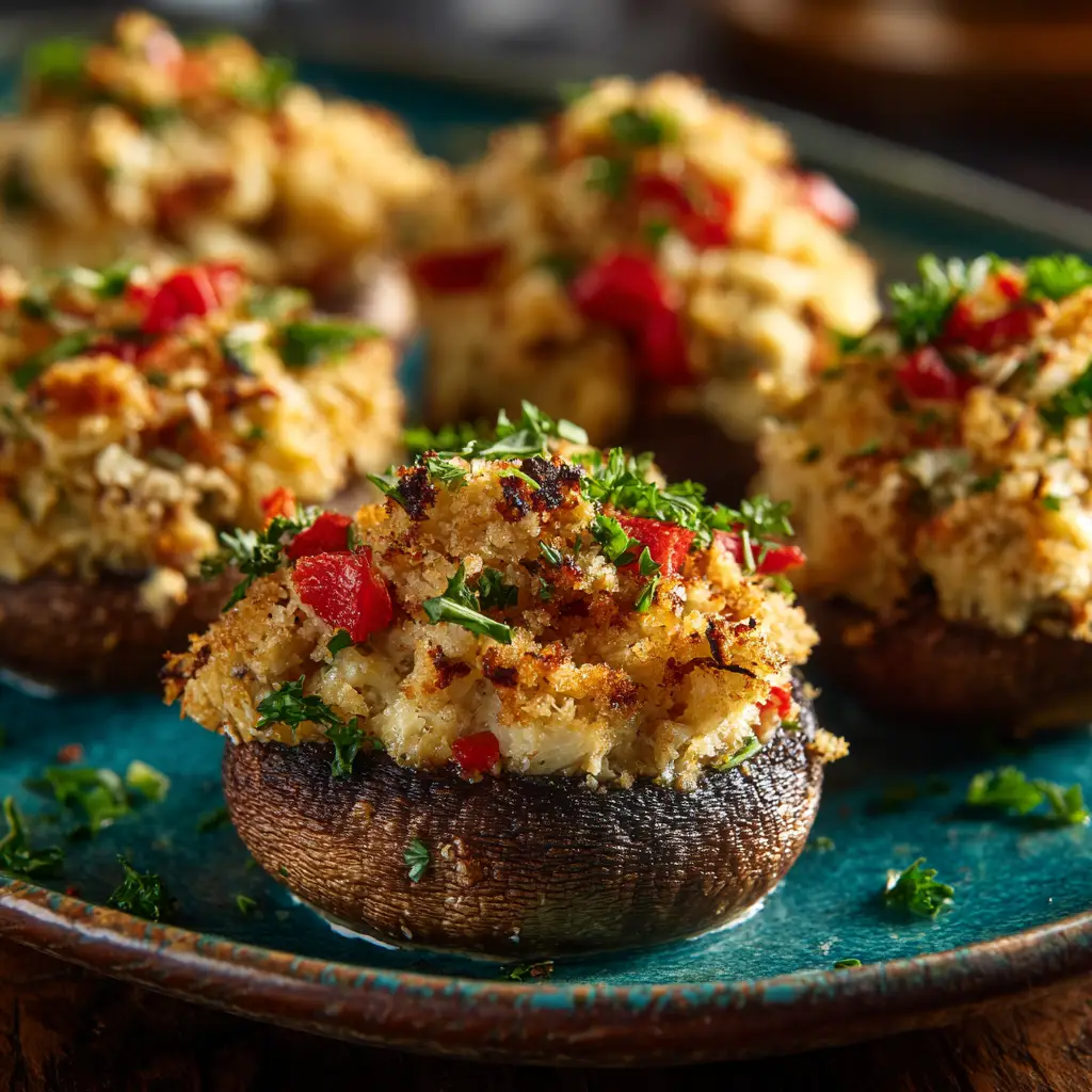 A close-up shot of cheesy crab-stuffed mushrooms being scooped from a baking dish. The rich crab and cream cheese filling is visible.