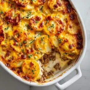 An extreme close-up overhead shot of the savory ground beef and potato casserole, highlighting the golden-brown melted cheddar cheese topping.