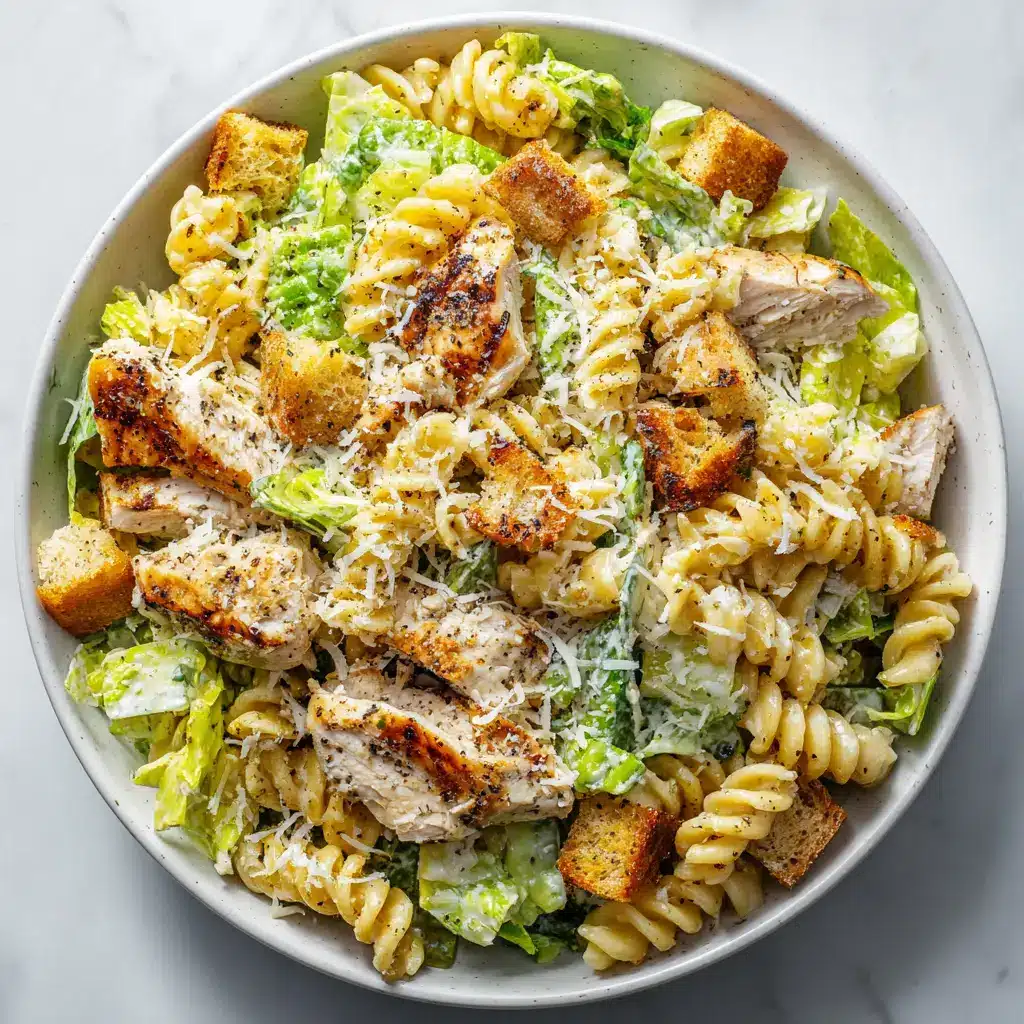 A close-up overhead view of the Chicken Caesar Pasta Salad, showing the creamy dressing coating the rotini pasta and pieces of chicken.