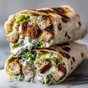A close-up shot of two perfectly wrapped chicken caesar wraps, highlighting the crisp romaine lettuce and juicy chicken inside.