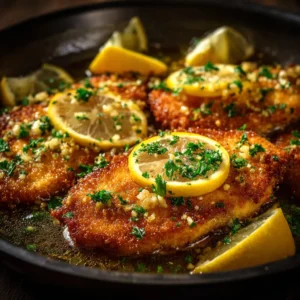An extreme close-up of a perfectly cooked Chicken Francese cutlet, showing the delicate egg batter and rich lemon butter sauce.