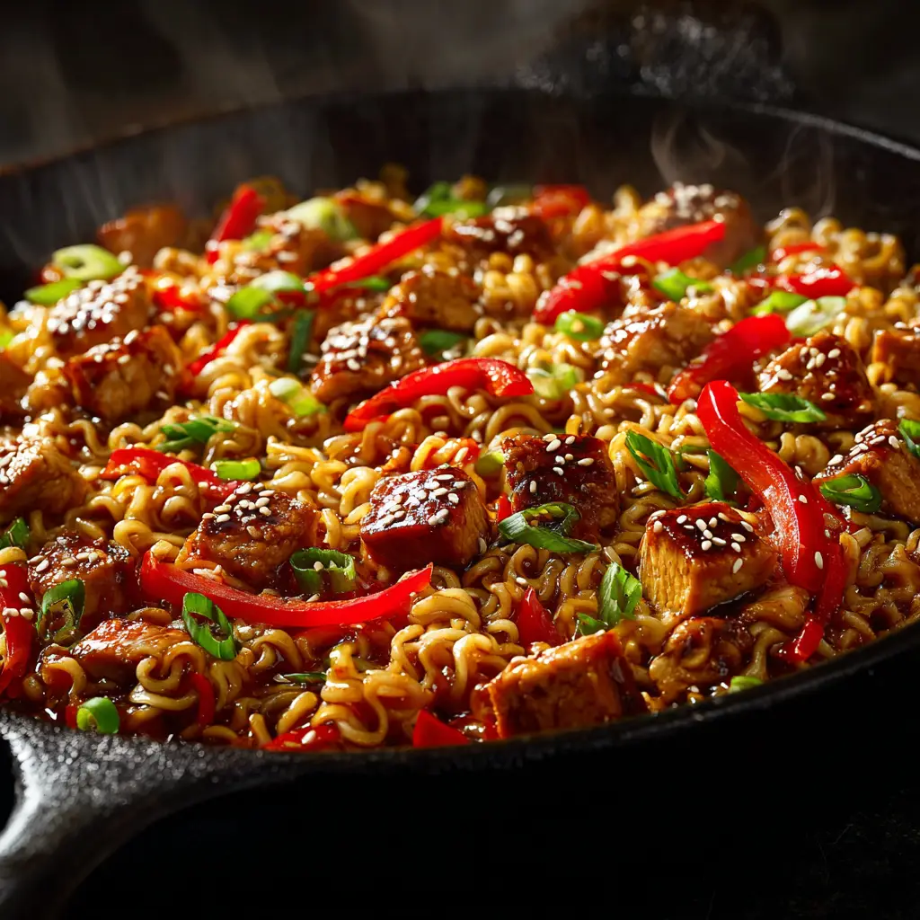 Chicken Ramen Stir Fry (Ready in 20 Minutes!) 2 A close-up view of the savory stir fry sauce coating the noodles and chicken in the easy chicken ramen recipe.