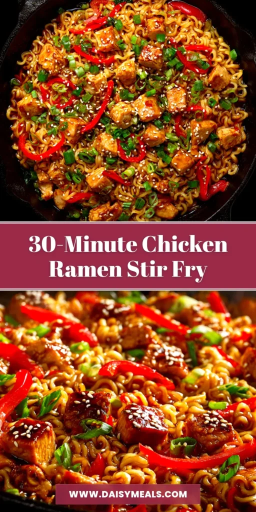 Chicken Ramen Stir Fry (Ready in 20 Minutes!) 3 An overhead shot of a delicious Chicken Ramen Stir Fry in a white bowl, garnished with green onions and sesame seeds. The perfect easy weeknight dinner idea.