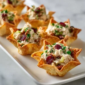 A close-up view of several chicken salad wonton bites, showing the texture of the creamy filling and the crispy, golden wonton shell.