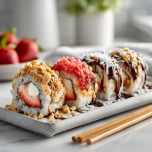 Three varieties of chocolate banana sushi rolls neatly arranged. This image shows different topping ideas for the healthy banana snack.