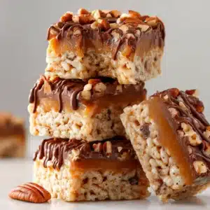 A beautiful stack of homemade chocolate caramel pecan rice krispie bars, ready to be served.