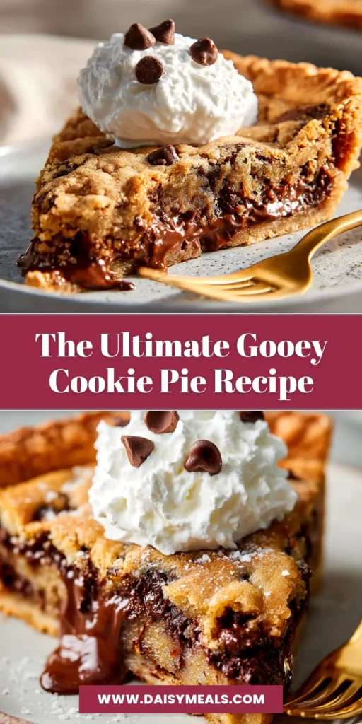 A delicious, gooey Chocolate Chip Cookie Pie with a slice taken out, revealing a molten chocolate center. The perfect easy dessert recipe.