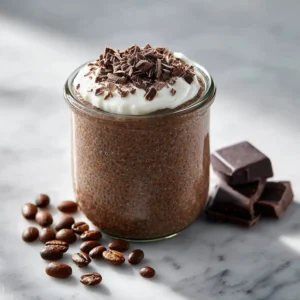 A close-up view of the ingredients for chocolate coffee chia pudding before they are mixed, showcasing the chia seeds and cocoa powder.