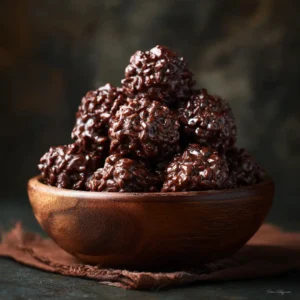 A heaping pile of chocolate rice crispy treats in a rustic bowl, ready to be enjoyed as a simple dessert.