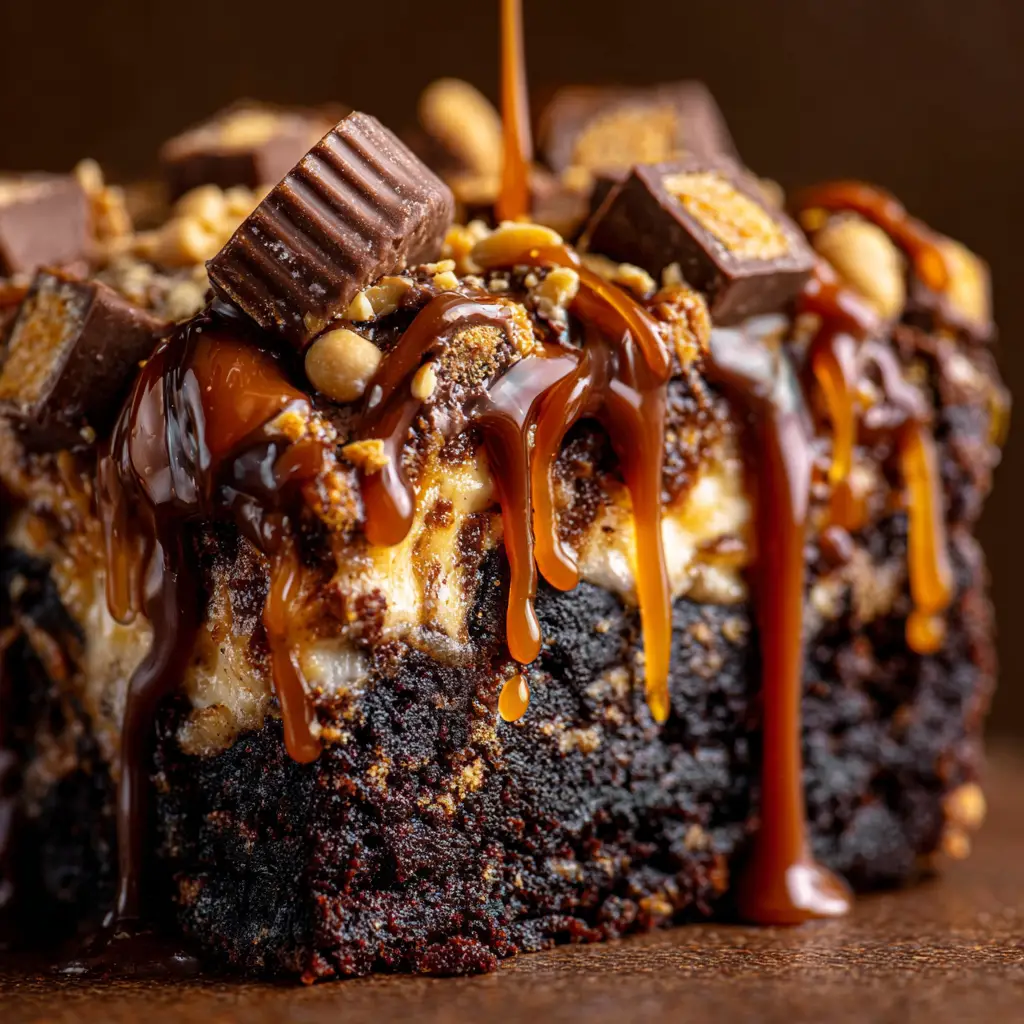 Chocolate Peanut Butter Dump Cake: The Easiest, Most Decadent Dessert 2 An extreme close-up of a fork cutting into a slice of chocolate peanut butter dump cake, with melted chocolate and peanut butter visible.