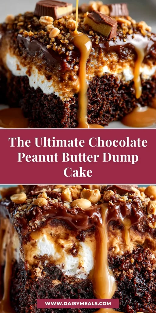 A shareable pin image of a delicious Chocolate Peanut Butter Dump Cake with a text overlay for Pinterest.