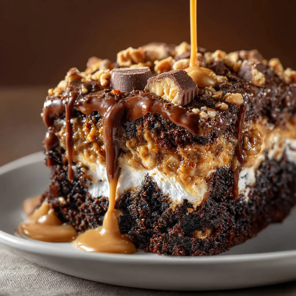 A scoop of easy chocolate peanut butter dump cake in a white bowl, topped with a scoop of vanilla ice cream.