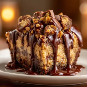 A close-up spoonful of gooey chocolate peanut butter dump cake, showing the melted candy and rich cake.