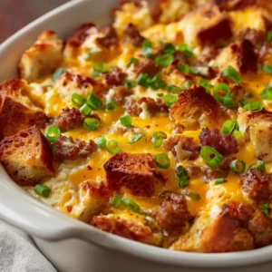 A close-up slice of a savory Christmas breakfast casserole on a white plate, showing layers of sausage, egg, and melted cheese. A fork is poised to take a bite.