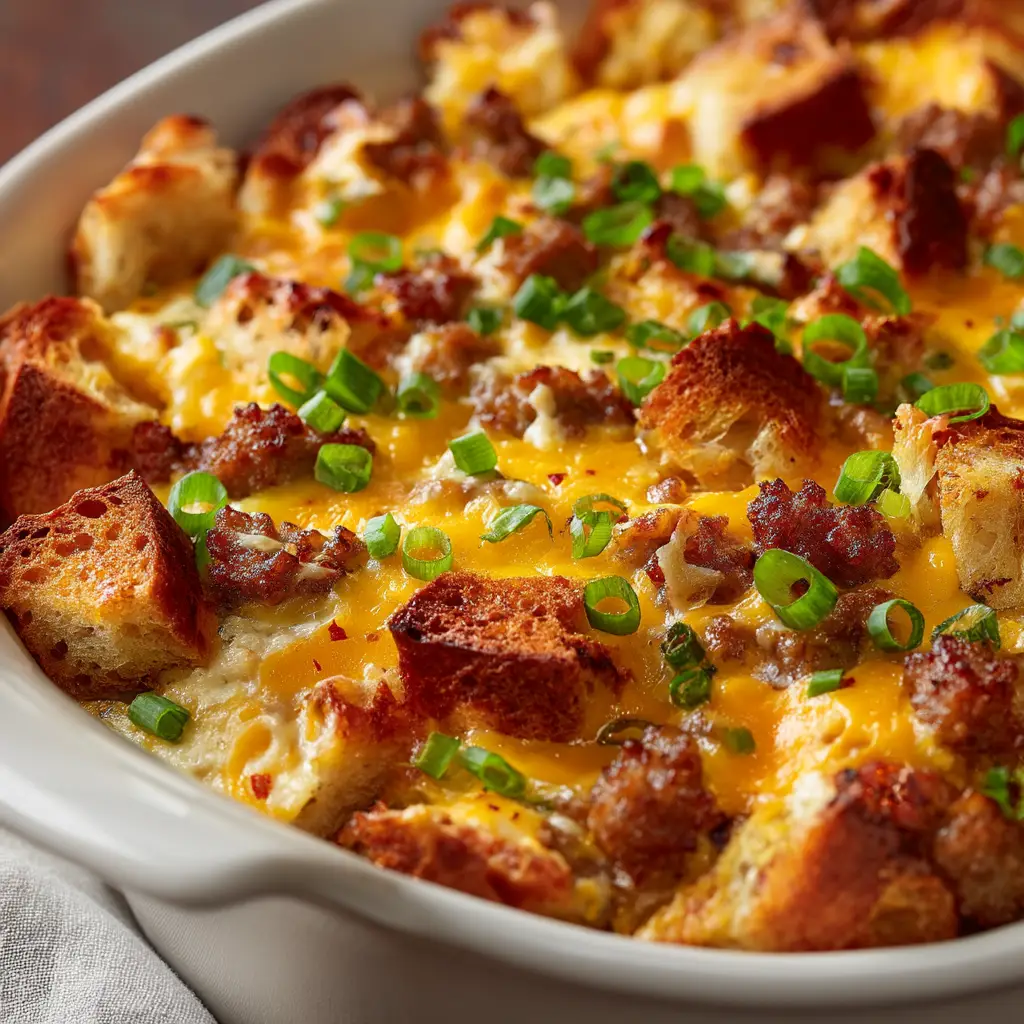 Christmas Breakfast Casserole (The Ultimate Make-Ahead Recipe) 2 A close-up slice of a savory Christmas breakfast casserole on a white plate, showing layers of sausage, egg, and melted cheese. A fork is poised to take a bite.