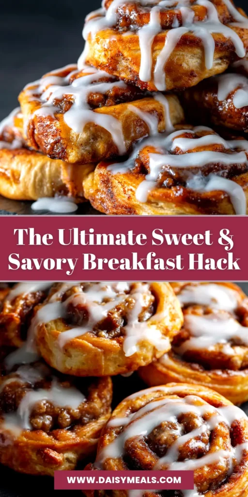 A platter of golden-brown Cinnamon Roll Pigs in a Blanket drizzled with sweet white icing, ready to be served as a delicious sweet and savory appetizer.