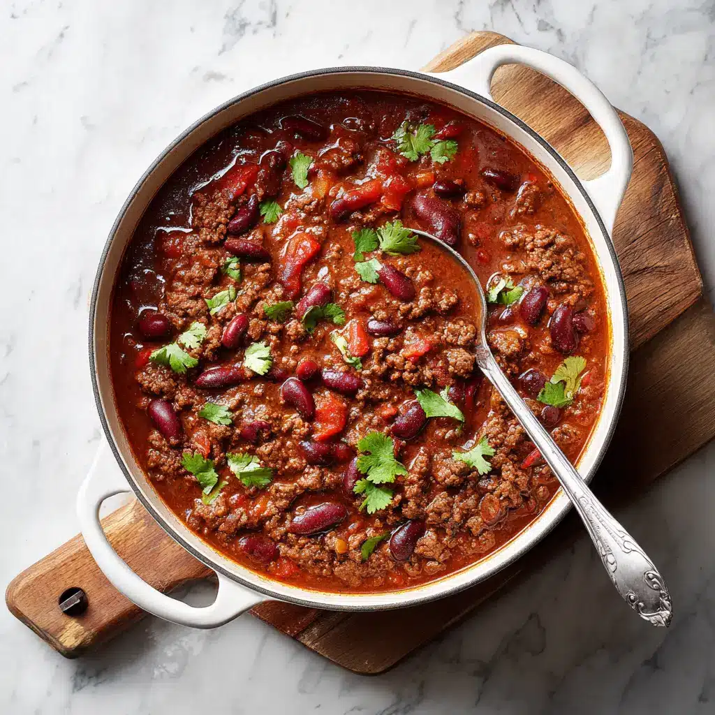 A single serving of classic beef chili in a rustic bowl, topped with sour cream, shredded cheddar, and a sprig of cilantro.