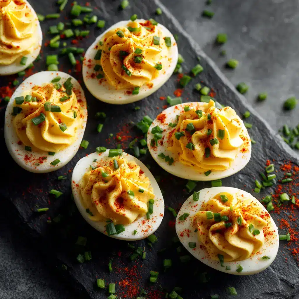An overhead shot of classic deviled eggs arranged elegantly on a serving plate, ready for a party.